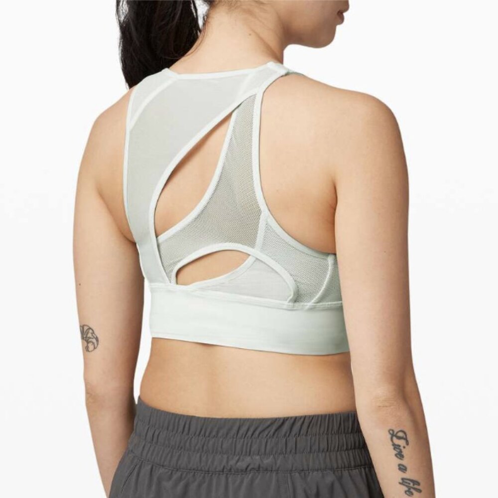 Lululemon Set Challenger Bra Island Mist Mesh Cutout Asymmetrical High Neck Sz 8